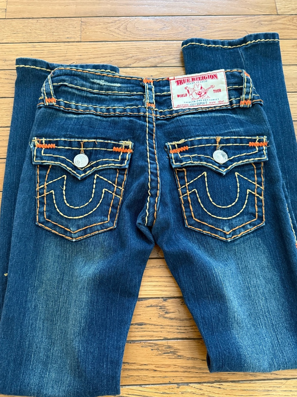 True Religion Women's Dark Blue Boot Cut Jeans with Orange Topstitching